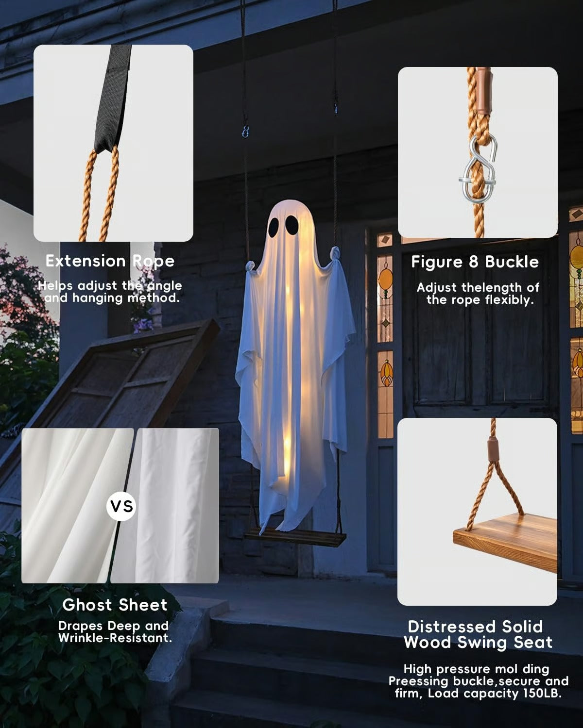 🔥EN OFERTA🔥Columpio colgante fantasma para Halloween con luces de cadena